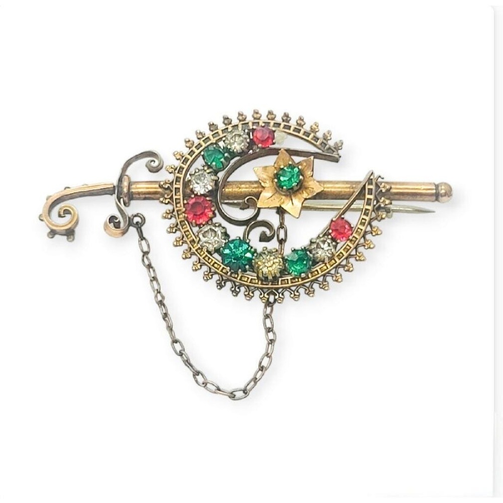 Victorian Gold Filled Crescent Moon Pink Green White Rhinestone Brooch Pin